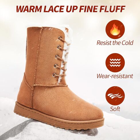Women's Mid-Calf Boots Fur Lined Warm Winter Boots Cute Lace up Womens Snow Boot for the Cold in Kuwait