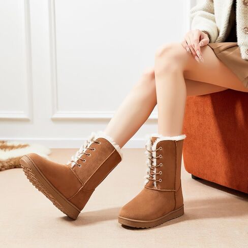 Women's Mid-Calf Boots Fur Lined Warm Winter Boots Cute Lace up Womens Snow Boot for the Cold in Kuwait