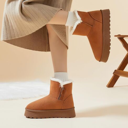THATXUAOV Womens Ankle Winter Boots, Anti-Slip Suede Mini Boot For Women,Side Zipper Platform Slip On Snow Boots With Fur Lining in Saudi Arabia