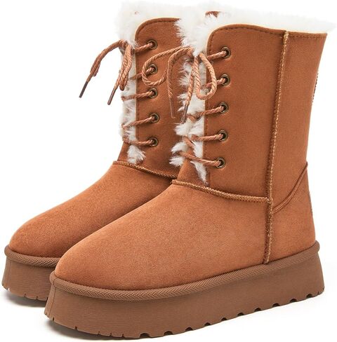 Uoidru أحذية الثلوج النسائية منتصف العجل التمهيد الدانتيل متابعة أحذية الشتاء للنساء الفراء اصطف التمهيد المرأة من جلد الغزال منصة أحذية الثلوج in Kuwait
