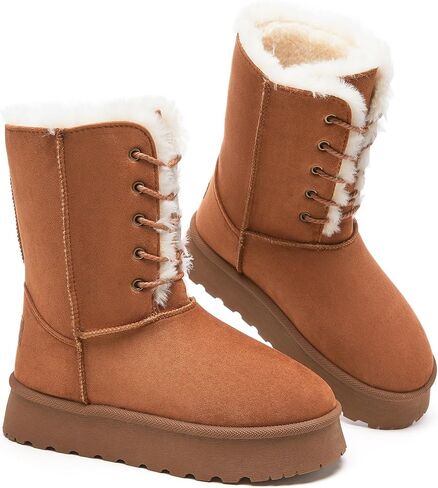 Uoidru أحذية الثلوج النسائية منتصف العجل التمهيد الدانتيل متابعة أحذية الشتاء للنساء الفراء اصطف التمهيد المرأة من جلد الغزال منصة أحذية الثلوج in Kuwait