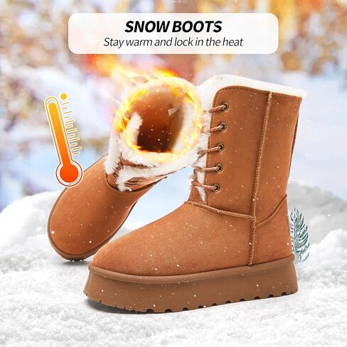 Uoidru أحذية الثلوج النسائية منتصف العجل التمهيد الدانتيل متابعة أحذية الشتاء للنساء الفراء اصطف التمهيد المرأة من جلد الغزال منصة أحذية الثلوج in Kuwait