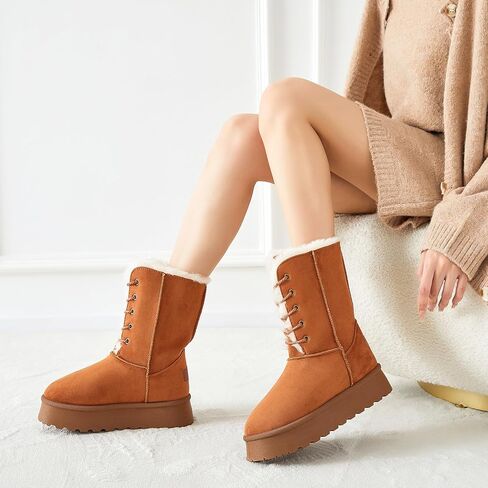 Uoidru أحذية الثلوج النسائية منتصف العجل التمهيد الدانتيل متابعة أحذية الشتاء للنساء الفراء اصطف التمهيد المرأة من جلد الغزال منصة أحذية الثلوج in Kuwait