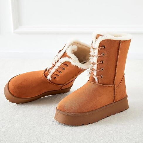 Uoidru أحذية الثلوج النسائية منتصف العجل التمهيد الدانتيل متابعة أحذية الشتاء للنساء الفراء اصطف التمهيد المرأة من جلد الغزال منصة أحذية الثلوج in Kuwait