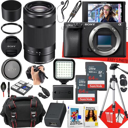 كاميرا Sony a6400 بدون مرآة مع عدسة Sony E 55-210mm f/4.5-6.3 OSS + قطعتين ذاكرة 64 جيجابايت + ضوء LED + حقيبة كاميرا + حامل ثلاثي + المزيد (حزمة 27 قطعة) (متجددة) in Saudi Arabia