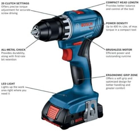 بوش GSR18V-400B12 18 فولت بدون فرش مدمج 1/2 بوصة. طقم المثقاب/المفك مع (1) بطارية SlimPack سعة 2.0 أمبير (مجددة) (متجددة) in Kuwait