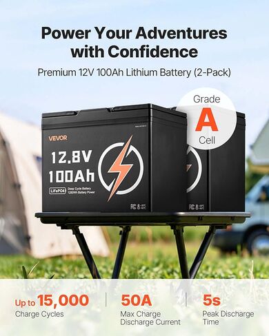 VEVOR 2 Pack 12V 100Ah LiFePO4 Battery, Up to 15000 Cycles, Deep Cycle Lithium Iron Phosphate Battery with Built-in BMS, Low Temp Protection, 10 Years Lifetime, for Solar Off-Grid Home Energy Storage in Saudi Arabia
