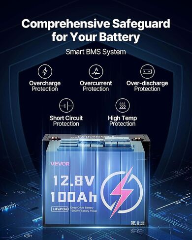 VEVOR 2 Pack 12V 100Ah LiFePO4 Battery, Up to 15000 Cycles, Deep Cycle Lithium Iron Phosphate Battery with Built-in BMS, Low Temp Protection, 10 Years Lifetime, for Solar Off-Grid Home Energy Storage in Saudi Arabia