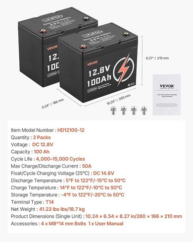 VEVOR 2 Pack 12V 100Ah LiFePO4 Battery, Up to 15000 Cycles, Deep Cycle Lithium Iron Phosphate Battery with Built-in BMS, Low Temp Protection, 10 Years Lifetime, for Solar Off-Grid Home Energy Storage in Saudi Arabia