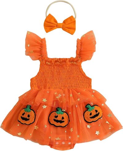 Newborn Baby Girl Halloween Outfit Smocked Pumpkin Embroidery Sequin Star Tulle Tutu Romper Dress Halloween Clothes in Saudi Arabia
