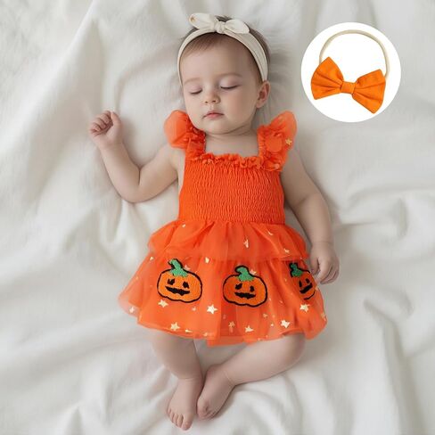 Newborn Baby Girl Halloween Outfit Smocked Pumpkin Embroidery Sequin Star Tulle Tutu Romper Dress Halloween Clothes in Saudi Arabia
