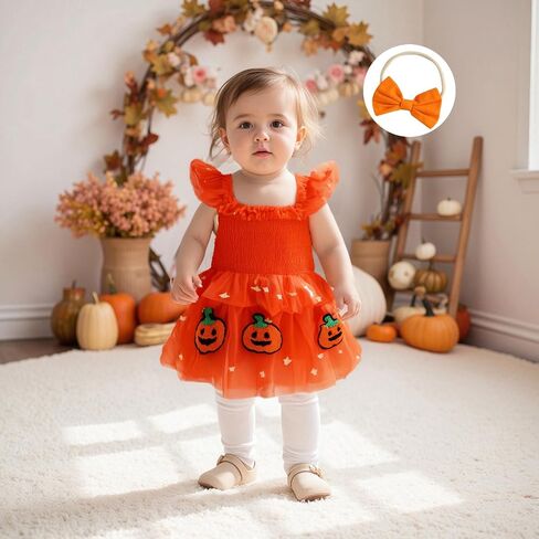 Newborn Baby Girl Halloween Outfit Smocked Pumpkin Embroidery Sequin Star Tulle Tutu Romper Dress Halloween Clothes in Saudi Arabia