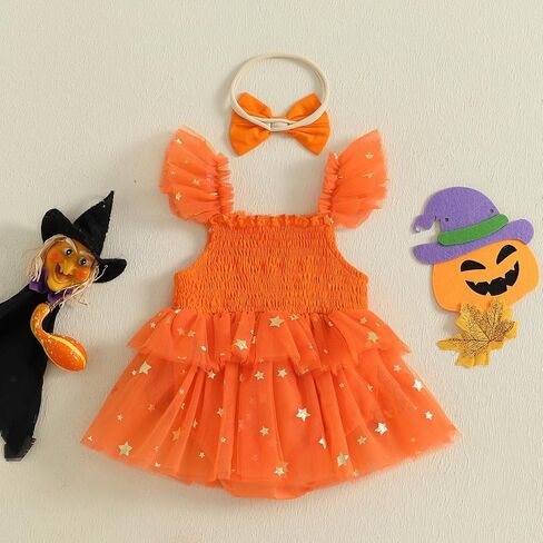 Newborn Baby Girl Halloween Outfit Smocked Pumpkin Embroidery Sequin Star Tulle Tutu Romper Dress Halloween Clothes in Saudi Arabia