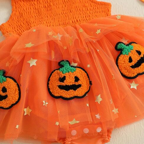 Newborn Baby Girl Halloween Outfit Smocked Pumpkin Embroidery Sequin Star Tulle Tutu Romper Dress Halloween Clothes in Saudi Arabia
