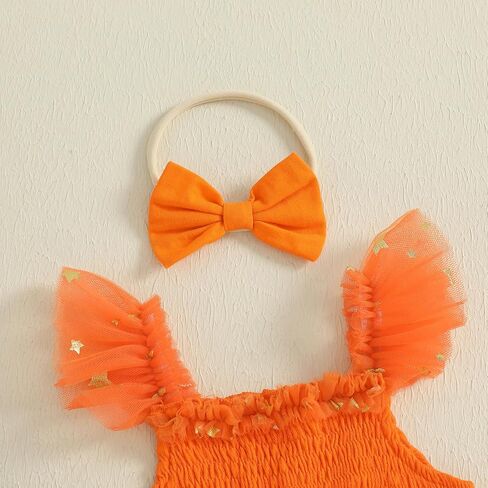 Newborn Baby Girl Halloween Outfit Smocked Pumpkin Embroidery Sequin Star Tulle Tutu Romper Dress Halloween Clothes in Saudi Arabia