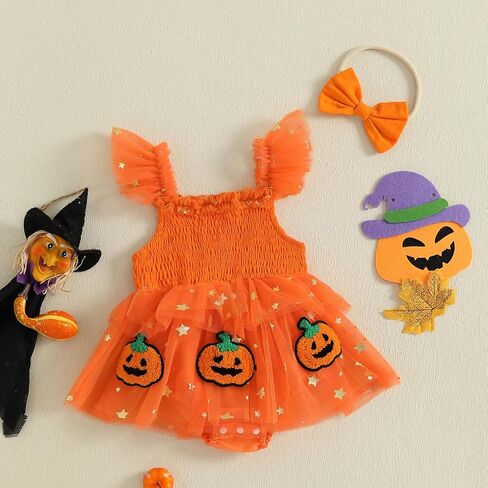 Newborn Baby Girl Halloween Outfit Smocked Pumpkin Embroidery Sequin Star Tulle Tutu Romper Dress Halloween Clothes in Saudi Arabia