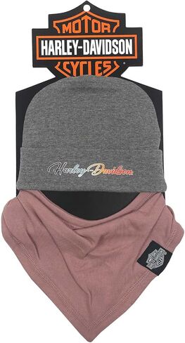 Harley-Davidson Baby Girls' 2 Pack Newborn Beanie & Handkerchief Set, Gray/Pink in Saudi Arabia