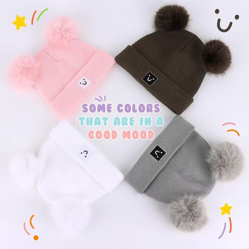 Baby Beanie with Smiley Embroidery Kids pom pom Skull Cap-Soft Warm Toddler Winter hat for Baby Girls Boys 0-8T in Saudi Arabia
