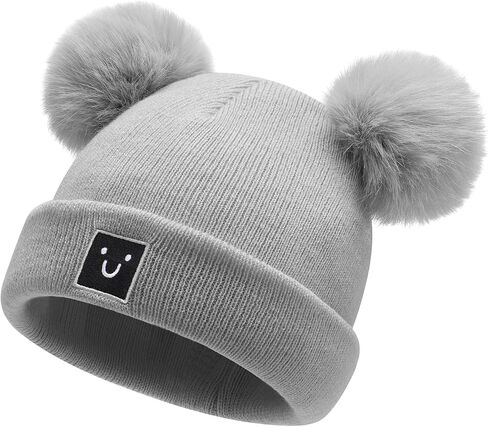 Baby Beanie with Smiley Embroidery Kids pom pom Skull Cap-Soft Warm Toddler Winter hat for Baby Girls Boys 0-8T in Kuwait