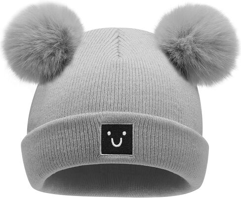 Baby Beanie with Smiley Embroidery Kids pom pom Skull Cap-Soft Warm Toddler Winter hat for Baby Girls Boys 0-8T in Kuwait