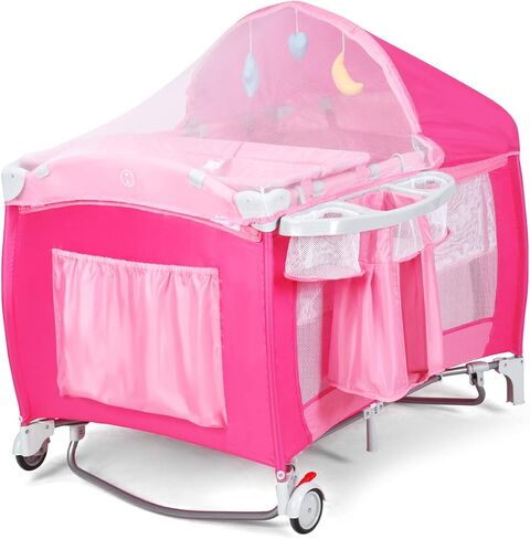 Costzon 4 in 1 Pink Pack and Play with Bassinet, Portable Baby Playard with Adjustable Canopy, Side Zipper Entrance, Music Box, Wheels/Brake, Foldable Infant Pink Bassinet for Baby Girl Toddlers in Saudi Arabia
