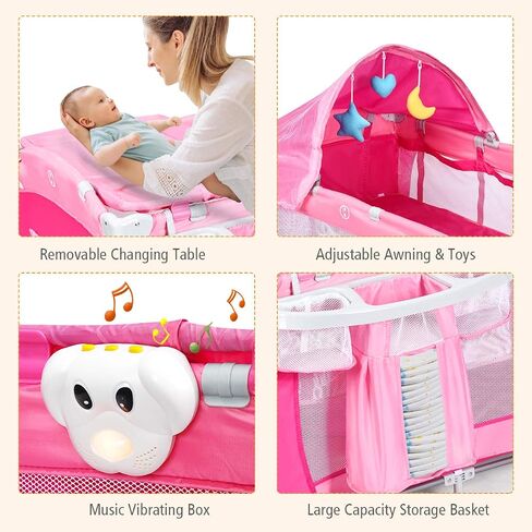 Costzon 4 in 1 Pink Pack and Play with Bassinet, Portable Baby Playard with Adjustable Canopy, Side Zipper Entrance, Music Box, Wheels/Brake, Foldable Infant Pink Bassinet for Baby Girl Toddlers in Saudi Arabia