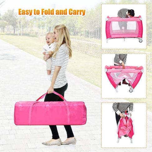 Costzon 4 in 1 Pink Pack and Play with Bassinet, Portable Baby Playard with Adjustable Canopy, Side Zipper Entrance, Music Box, Wheels/Brake, Foldable Infant Pink Bassinet for Baby Girl Toddlers in Saudi Arabia