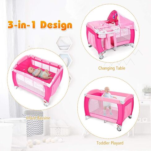Costzon 4 in 1 Pink Pack and Play with Bassinet, Portable Baby Playard with Adjustable Canopy, Side Zipper Entrance, Music Box, Wheels/Brake, Foldable Infant Pink Bassinet for Baby Girl Toddlers in Saudi Arabia