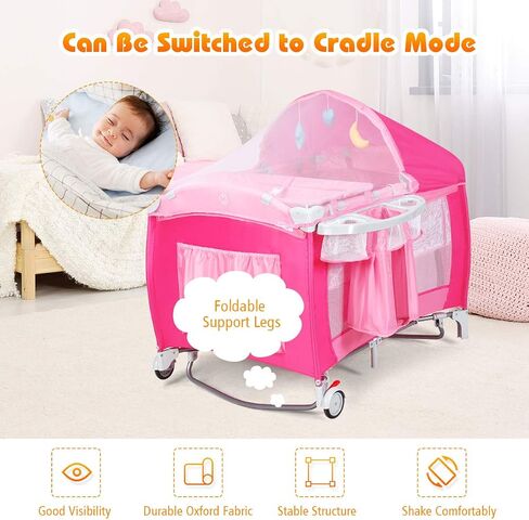 Costzon 4 in 1 Pink Pack and Play with Bassinet, Portable Baby Playard with Adjustable Canopy, Side Zipper Entrance, Music Box, Wheels/Brake, Foldable Infant Pink Bassinet for Baby Girl Toddlers in Saudi Arabia