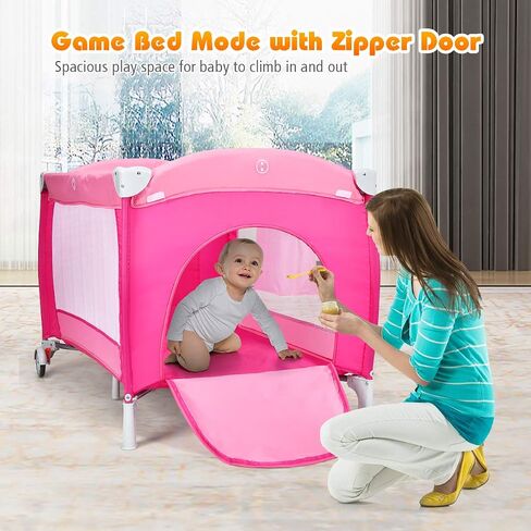 Costzon 4 in 1 Pink Pack and Play with Bassinet, Portable Baby Playard with Adjustable Canopy, Side Zipper Entrance, Music Box, Wheels/Brake, Foldable Infant Pink Bassinet for Baby Girl Toddlers in Saudi Arabia