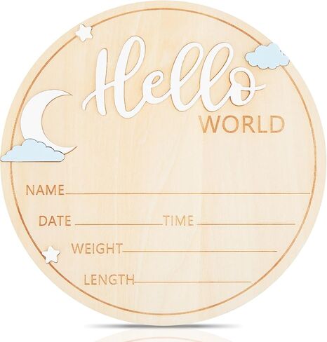 لافتة خشبية لحديثي الولادة Hello World - لوحة إعلان ولادة الطفل مقاس 5.9 بوصة مع تصميم نجمة وقمر وسحابة - تذكار اسم الترحيب لصور المستشفى وديكور الحضانة ودعامة الصور in Kuwait