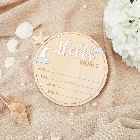لافتة خشبية لحديثي الولادة Hello World - لوحة إعلان ولادة الطفل مقاس 5.9 بوصة مع تصميم نجمة وقمر وسحابة - تذكار اسم الترحيب لصور المستشفى وديكور الحضانة ودعامة الصور in Kuwait