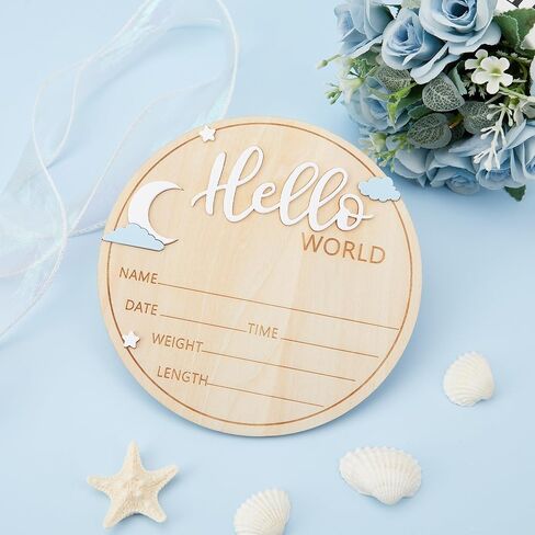 لافتة خشبية لحديثي الولادة Hello World - لوحة إعلان ولادة الطفل مقاس 5.9 بوصة مع تصميم نجمة وقمر وسحابة - تذكار اسم الترحيب لصور المستشفى وديكور الحضانة ودعامة الصور in Kuwait
