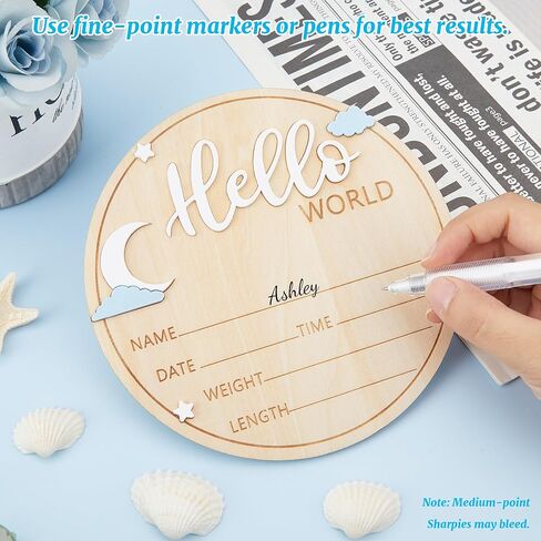 لافتة خشبية لحديثي الولادة Hello World - لوحة إعلان ولادة الطفل مقاس 5.9 بوصة مع تصميم نجمة وقمر وسحابة - تذكار اسم الترحيب لصور المستشفى وديكور الحضانة ودعامة الصور in Kuwait