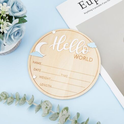 لافتة خشبية لحديثي الولادة Hello World - لوحة إعلان ولادة الطفل مقاس 5.9 بوصة مع تصميم نجمة وقمر وسحابة - تذكار اسم الترحيب لصور المستشفى وديكور الحضانة ودعامة الصور in Kuwait