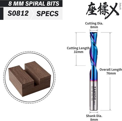 ZahyoX 8mm Compression Spiral CNC Router Bit for Wood, NACO Coated | 32mm cutting length, 8mm shank, 2 flute; Clean top & bottom edges, No tear-out; Suits hardwood, plywood & MDF in Saudi Arabia