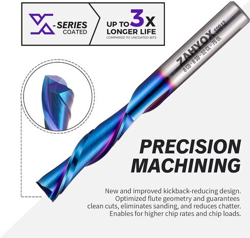 ZahyoX 8mm Compression Spiral CNC Router Bit for Wood, NACO Coated | 32mm cutting length, 8mm shank, 2 flute; Clean top & bottom edges, No tear-out; Suits hardwood, plywood & MDF in Saudi Arabia