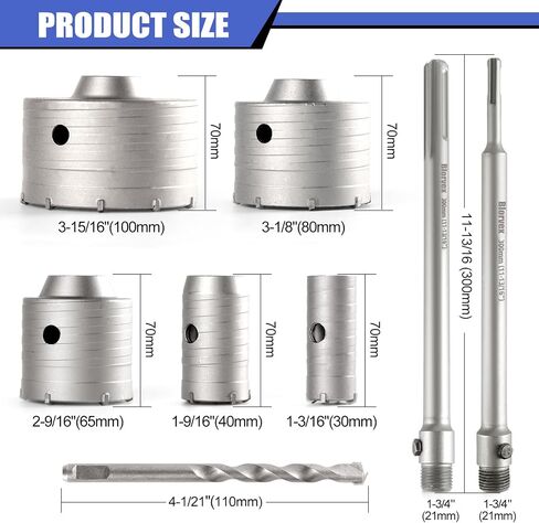 مجموعة منشار ثقب الخرسانة، 11 قطعة (30 مم 40 مم 65 مم 80 مم 100 مم) Barrenas para Concreto مثقاب مع Max Shank & SDS Plus، مجموعة مثقاب البناء للخرسانة والطوب والأسمنت وحفر الجدران الحجرية in Saudi Arabia
