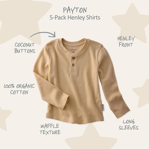 Butterblu Payton 5-Pack Long Sleeve Henley Shirts​ 100% Organic Cotton Tees | GOTS Certified Organic Cotton for Baby, Toddler Girls, Boys, Unisex, Machine Washable, Made to Match Colors in Saudi Arabia