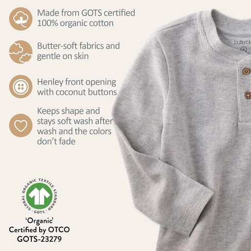 Butterblu Payton 5-Pack Long Sleeve Henley Shirts​ 100% Organic Cotton Tees | GOTS Certified Organic Cotton for Baby, Toddler Girls, Boys, Unisex, Machine Washable, Made to Match Colors in Saudi Arabia