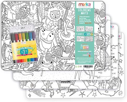Merka 4-Pack Reusable Coloring Placemats for Kids with 7 Dry Erase Markers - 17" x 11", Black & White, Space & Jungle - Silicone Placemats for Toddlers to Color & Draw with Wipeable Surface in Saudi Arabia