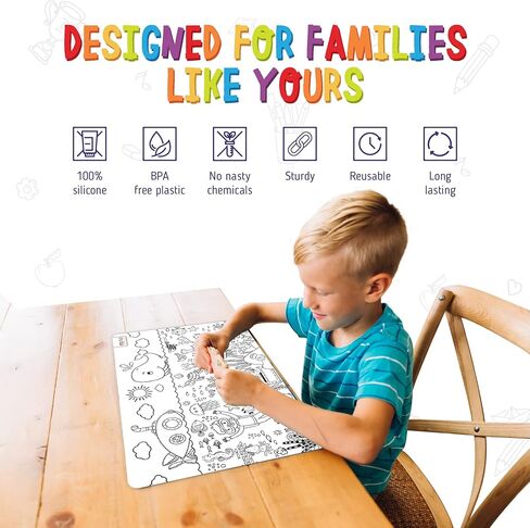 Merka 4-Pack Reusable Coloring Placemats for Kids with 7 Dry Erase Markers - 17" x 11", Black & White, Space & Jungle - Silicone Placemats for Toddlers to Color & Draw with Wipeable Surface in Saudi Arabia