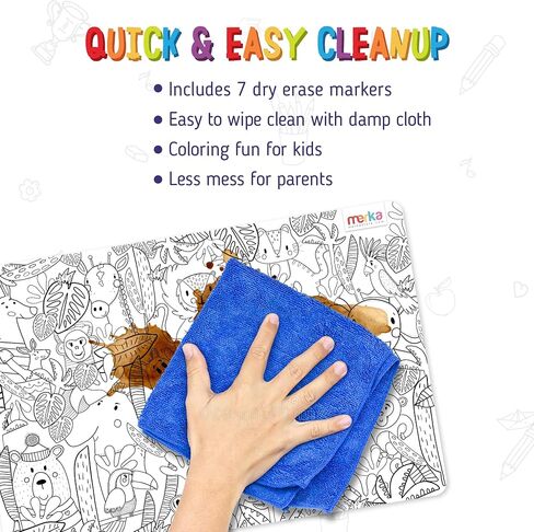 Merka 4-Pack Reusable Coloring Placemats for Kids with 7 Dry Erase Markers - 17" x 11", Black & White, Space & Jungle - Silicone Placemats for Toddlers to Color & Draw with Wipeable Surface in Saudi Arabia