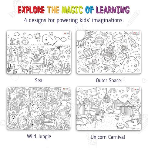 Merka 4-Pack Reusable Coloring Placemats for Kids with 7 Dry Erase Markers - 17" x 11", Black & White, Space & Jungle - Silicone Placemats for Toddlers to Color & Draw with Wipeable Surface in Saudi Arabia