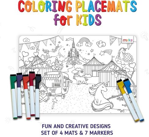 Merka 4-Pack Reusable Coloring Placemats for Kids with 7 Dry Erase Markers - 17" x 11", Black & White, Space & Jungle - Silicone Placemats for Toddlers to Color & Draw with Wipeable Surface in Saudi Arabia