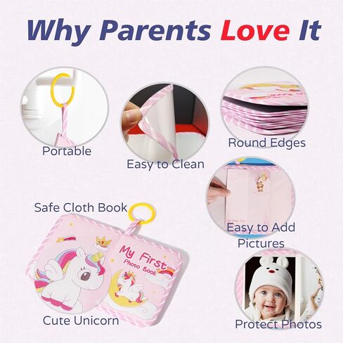 My First Photo Album for Baby, Soft Cloth Picture Book with 30 Name Tags, Keepsake Scrapbook Gift for Newborn Baby Shower (Unicorn+30 Stickers) in Saudi Arabia