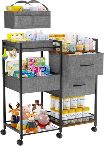 عربة تخزين الطفل مع أدراج، منظم علبة حفاضات الأطفال مع فواصل قابلة للإزالة، منظم خزانة الطفل، عربة دوارة 2 في 1 لأساسيات غرفة الأطفال ومستلزمات الأطفال in Kuwait