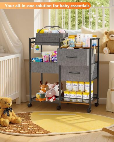 عربة تخزين الطفل مع أدراج، منظم علبة حفاضات الأطفال مع فواصل قابلة للإزالة، منظم خزانة الطفل، عربة دوارة 2 في 1 لأساسيات غرفة الأطفال ومستلزمات الأطفال in Kuwait