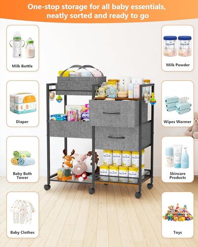 عربة تخزين الطفل مع أدراج، منظم علبة حفاضات الأطفال مع فواصل قابلة للإزالة، منظم خزانة الطفل، عربة دوارة 2 في 1 لأساسيات غرفة الأطفال ومستلزمات الأطفال in Kuwait