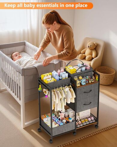 عربة تخزين الطفل مع أدراج، منظم علبة حفاضات الأطفال مع فواصل قابلة للإزالة، منظم خزانة الطفل، عربة دوارة 2 في 1 لأساسيات غرفة الأطفال ومستلزمات الأطفال in Kuwait